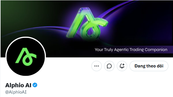 A social media profile banner for 'Alphio AI' (@AlphioAI) with the tagline 'Your Truly Agentic Trading Companion' and a 'Đang theo dõi' follow button.