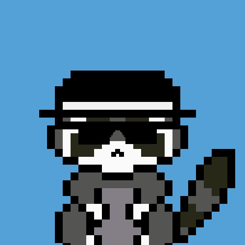 A pixel art illustration of a character wearing a black blindfold and mask, waving against a blue background.