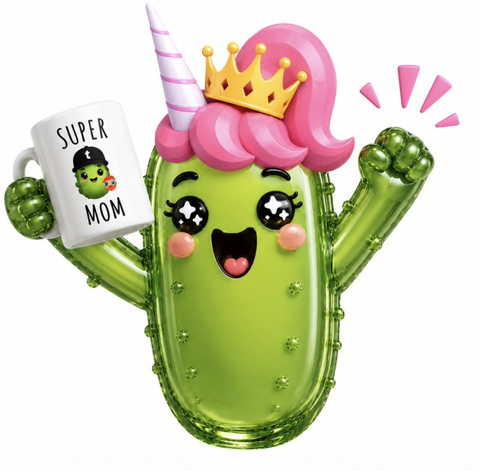 The image features a green cactus character with a pink ponytail holding up a white mug with "Super Mom" written on it, as well as a crown on its head. The cactus has a big smile on its face, giving off a happy vibe. The background is plain white, which makes the colorful and whimsical elements of the image stand out even more. This image seems to be related to a post about "@TippiklLabs" or something similar, as it highlights the importance of community support in creating great content.