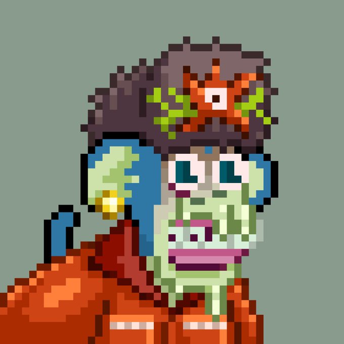 A pixel art image showing a green zombie-like figure with a large eye and purple hair-like growth on its head.