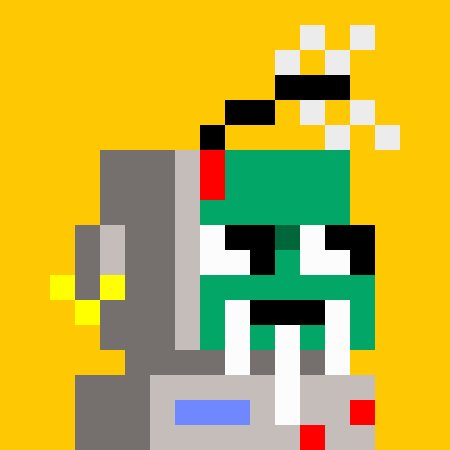 Pixel-art character on a yellow background featuring a green mask-like face, gray cap, and gray clothing in retro 8-bit style.