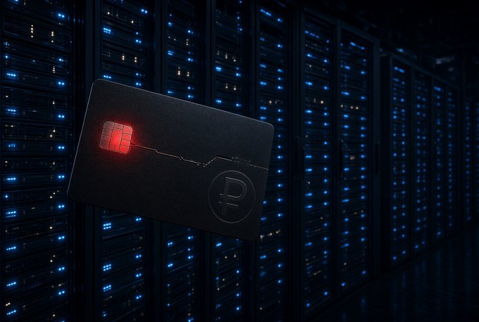 A black credit card featuring a glowing red EMV chip hovers in front of a row of illuminated server racks, with a "₽" ruble symbol embossed on its surface, visually representing the programmable nature of state-controlled digital currency highlighted in the post about CBDCs.