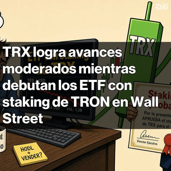 A cartoon image showing a person at a computer monitor displaying TRX/USD charts, with Spanish text 'TRX logra avances moderados mientras debutan los ETF con staking de TRON en Wall Street' and a TRX price rocket graphic.