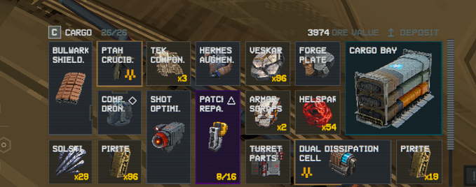 A video game inventory screen displaying a cargo bay filled with items like 'BULWARK SHIELD', 'HERMES AUGMEN', and 'TURRET PARTS', showing a total ore value of 3974.