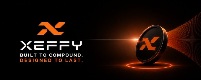 The image is a sleek promotional banner for Xeffy featuring its orange "X" logo, the tagline "BUILT TO COMPOUND. DESIGNED TO LAST.," and a 3D-rendered vault-like sphere emitting light, visually reinforcing the post's emphasis on Xeffy's vault product where users deposit USDT into the XAX token to compound returns.