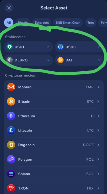 A 'Select Asset' mobile screen showing various cryptocurrencies, with stablecoins USDT, USDC, DEURO, and DAI circled in green.