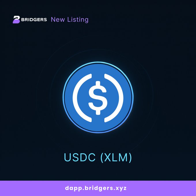 The image features a blue circle containing a dollar sign inside of a white border, with the text "USDC (XLM)" written below it. The background of the image is black, and there are purple text elements surrounding the main content. The text in the image reads "dapp.bridgers.xyz" which suggests that this post might be related to a specific dapp or blockchain project.