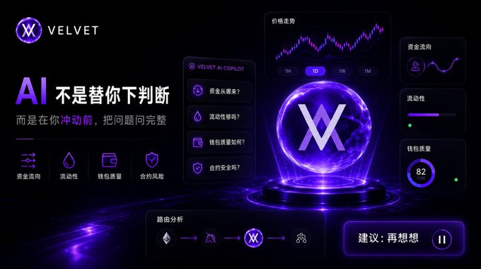 A dark-themed promotional graphic for 'VELVET' featuring Chinese text 'AI 不是替你下判断' (AI doesn't make decisions for you), showcasing an AI Co-Pilot dashboard with price trends, fund flows, and a 'Vx' holographic logo.