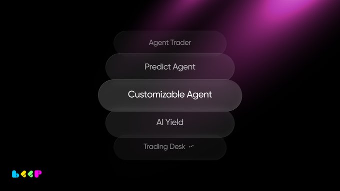 A digital interface on a dark background with pink lighting displays a menu of options including "Agent Trader," "Predict Agent," "Customizable Agent," "AI Yield," and "Trading Desk →," along with a small logo in the bottom left corner.