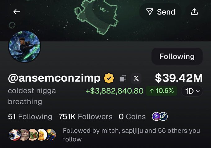 The image shows the profile of "@ansemconzimp" with a net worth of "$39.42M" and a profit of "+$3,882,840.80", suggesting the post is commenting on a significant financial gain potentially related to cryptocurrency or trading.