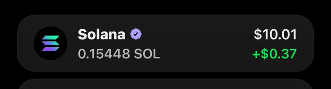 A screen shot of a trading app for Solana currency that displays the price and balance. It shows the value being $10.01, with an increase from $9.37 to $11.46. The balance currently stands at 104858.78. The platform also mentions 'Solana addy'.