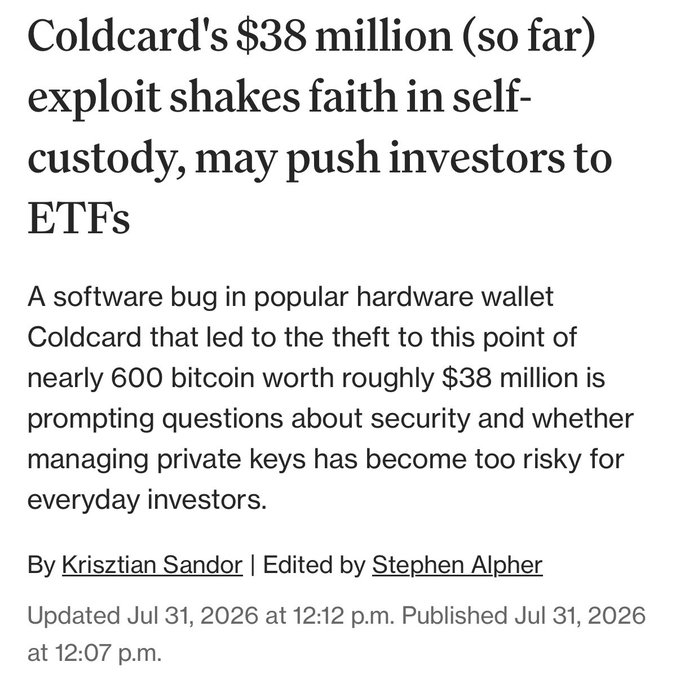 A Coldcard exploit resulting in the theft of $38 million worth of bitcoin may push investors towards ETFs, as discussed in the accompanying post. This image highlights the scale of the exploit, showing a headline about the $38 million theft and the potential shift from self-custody to ETFs.