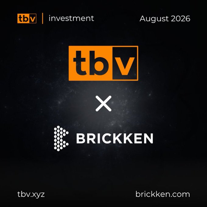 Promotional graphic for "tbV investment" dated August 2026, featuring a partnership between "tbV" and "BRICKKEN", with their respective URLs.
