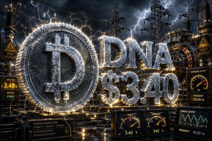 A dramatic, electricity-themed graphic featuring a metallic Bitcoin logo alongside the text "DNA $3.40," with power-generating equipment, high-voltage warning signs, and digital readouts displaying values like 3.40V, 340A, and 60.00 Hz, visually reinforcing DNA's milestone of reaching $3.40.