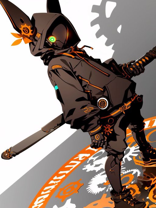 A stylized digital illustration of a hooded cyberpunk ninja figure with rabbit-like ears, glowing green eyes, and orange accents, wielding a sword against a gray and white gear background.