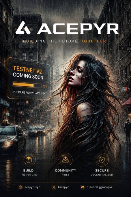 Promotional graphic for ACEPYR with the tagline 'BUILDING THE FUTURE. TOGETHER.' announcing 'TESTNET V2 COMING SOON' at 72% progress, featuring an AI-style portrait of a woman in a rainy cityscape with sections labeled BUILD, COMMUNITY, and SECURE.