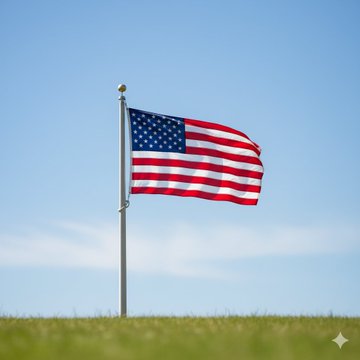 An American flag waves in the wind on a flagpole against a clear blue sky, with a grassy field in the foreground.