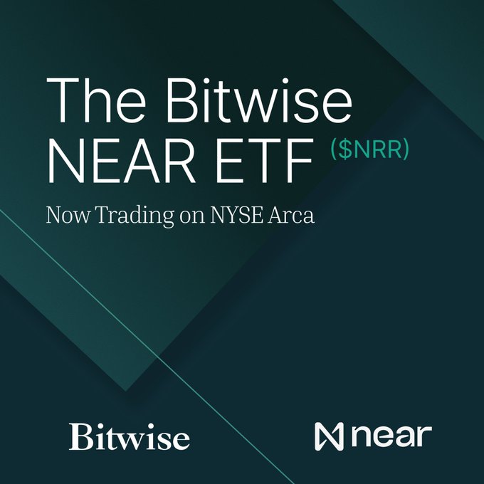 Promotional graphic for 'The Bitwise NEAR ETF ($NRR)' announcing it is 'Now Trading on NYSE Arca,' featuring the Bitwise and NEAR logos against a dark teal background.