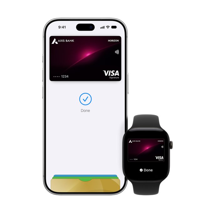 An iPhone and Apple Watch display a digital Axis Bank Horizon Visa credit card with a 'Done' confirmation, indicating successful card setup on both devices.