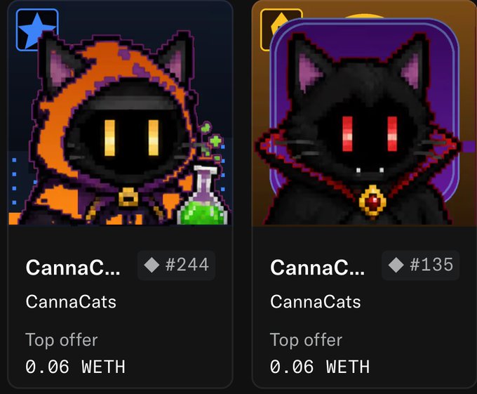 Two CannaCats NFT listings (#244 and #135) shown as pixel art black cats in different outfits, both with top offers of 0.06 WETH.