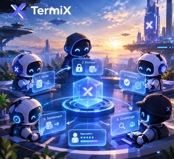 A futuristic promotional graphic for 'TermiX' featuring cartoon robots arranged in a circle illustrating a 5-step process: Quote, Escrow, Delivery, Challenge, and Settlement, with a central glowing cube.