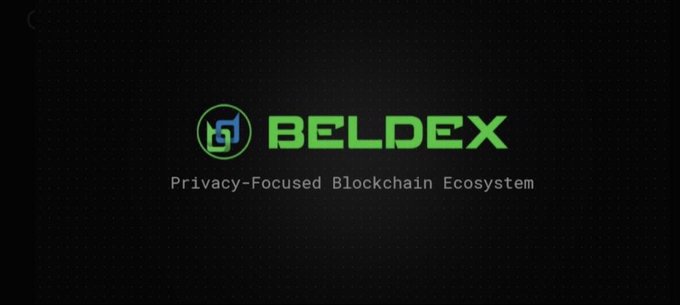 A digital graphic displaying the 'BELDEX' logo with the text 'Privacy-Focused Blockchain Ecosystem' on a black dotted background.