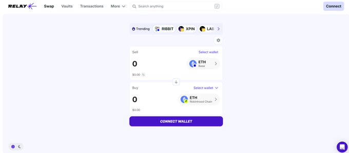 A cryptocurrency swap interface from Relay showing trending tokens (RIBBIT, XPIN, LAIL) with ETH sell and buy options, prompting wallet connection.