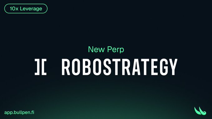 A promotional graphic for a new perpetual contract on RoboStrategy (ROBO) with 10x leverage on app.bullpen.fi.