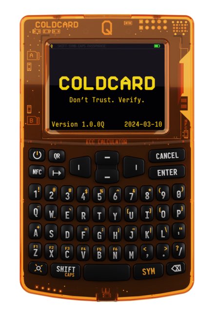 The image shows a Coldcard hardware wallet (Version 1.0.0Q, dated 2024-03-10) displaying its boot screen with the tagline "Don't Trust. Verify," which directly relates to the post about the ¥14 billion Bitcoin theft—suggesting the issue was a flaw in the key-generating device itself rather than a compromised seed phrase, undermining Coldcard's verification-based security model.