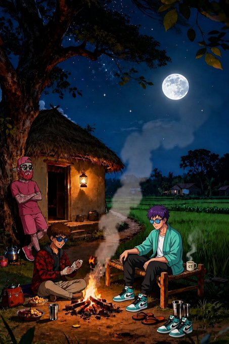 An anime-style illustration of three characters gathering around a campfire at night under a full moon, with a thatched-roof hut and rice fields in the background, alongside sneakers and teacups.