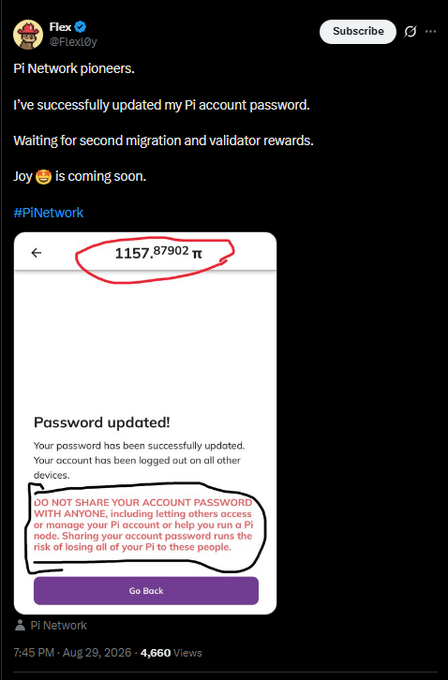 A Pi Network pioneer named Flex (@Flex10y) shares a screenshot showing a successful password update with a balance of 1157.87902 π, while awaiting the second migration and validator rewards, expressing optimism that "Joy is coming soon" for the #PINetwork community.