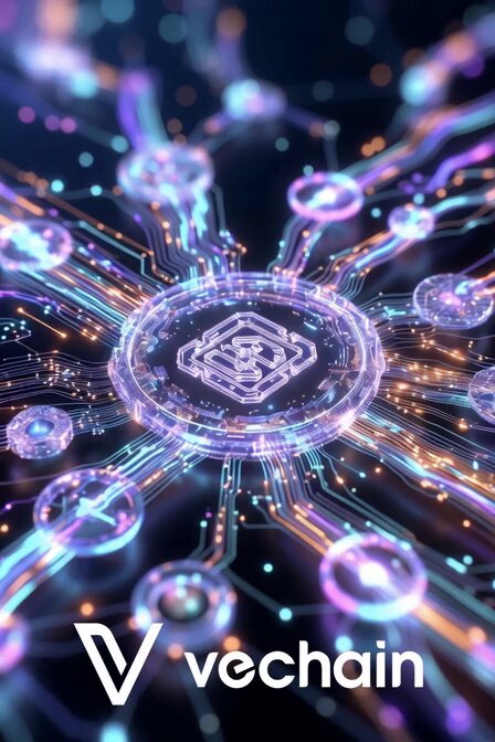 A promotional poster for VeChain that includes a large purple circuit of interconnected circles, along with the text "VeChain" at the top. The caption below reads, "Agents on-chain: MCP integration lets agents read state, transact & query contracts with".