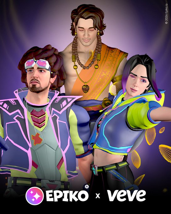 Three vibrant, stylized characters pose together against a purple backdrop, with the text "EPIKO x VeVe" and a copyright notice of "© 2026, Epiko®" displayed below. The image promotes the launch of Epikomi: Series 3, showcasing the community-inspired heroes featured in the new AR digital collectible collection.
