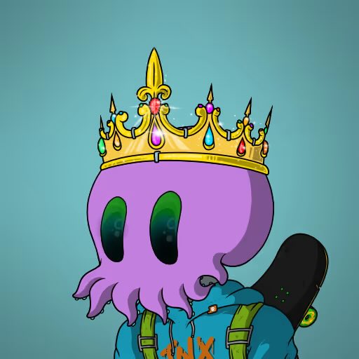 An illustrated cartoon character featuring a purple octopus-like creature wearing an ornate gold crown with jewels, a blue hoodie, and a backwards cap, with 'BNX' text on the clothing.