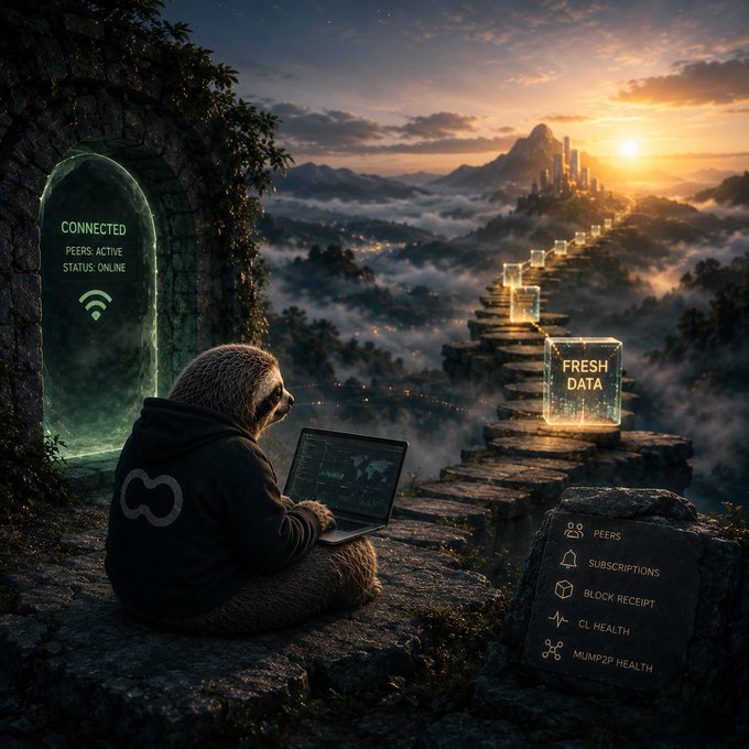 A digital illustration shows a sloth in a hoodie using a laptop beside a glowing green portal labeled "CONNECTED PEERS: ACTIVE STATUS: ONLINE" while overlooking a misty landscape with floating "FRESH DATA" cubes.