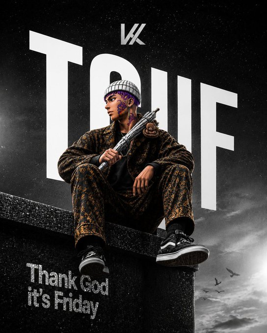 An album or single cover titled 'T.G.I.F' with the subtitle 'Thank God it's Friday', featuring a person with purple facial markings sitting and holding a baseball bat.