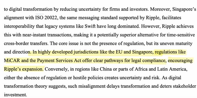 The image displays a highlighted excerpt from an article discussing how regulations like MiCAR and the Payment Services Act in the EU and Singapore encourage Ripple's expansion by offering clear compliance pathways, contrasting with more uncertain regulatory environments in regions like China, Africa, and Latin America. The highlighting emphasizes the connection between regulatory clarity and Ripple's growth, directly supporting the post's claim that MiCA in Europe encourages Ripple's expansion.