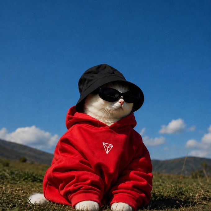 A white cat wearing black sunglasses, a black bucket hat, and a red hoodie featuring the TRON (TRX) logo, sitting on grass against a blue sky with mountains in the background.