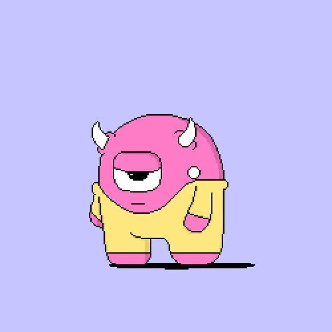 A pink, one-eyed monster character with small horns, wearing yellow overalls, stands against a light purple background in a pixel art style. The image represents a unique 1/1 NFT artwork being thanked in the post by "@byVmeta" for the collector's "gloomble" companion.