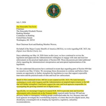 A letter dated July 3, 2020, from Timothy J. Scott, Chairman of the United States Senate Committee on Banking, addressed to Warren of MCSA regarding regulatory implementation.