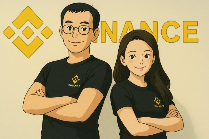A cartoon illustration shows a man and woman wearing black Binance-branded t-shirts standing confidently with crossed arms in front of the Binance logo and the text "BINANCE" on a cream-colored background. The image ties into the post's promotion of the "$币安故事" ($BinanceStory) token launch on BSC, visually representing the community members celebrated by the BNB Chain ecosystem.