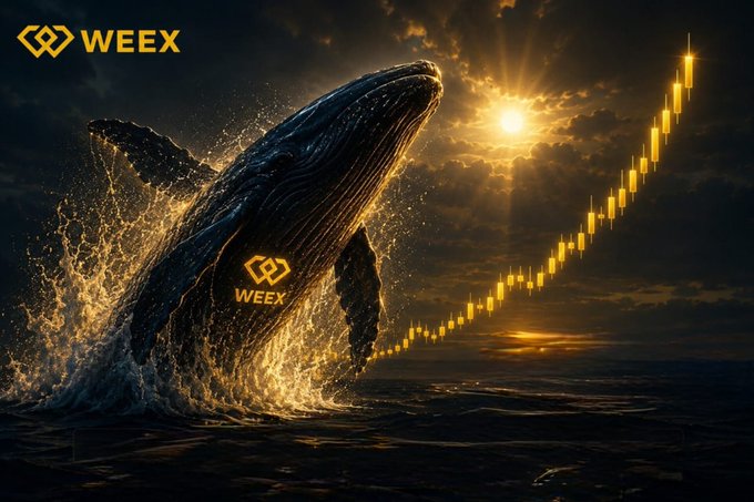 A dramatic digital artwork featuring a breaching whale with the 'WEEX' logo on its side, alongside an ascending golden candlestick chart against a sunset sky.