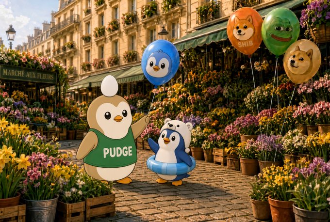 A whimsical illustration of cartoon mascots in a Parisian flower market (with a sign reading 'MARCHE AUX FLEURS'), featuring a character labeled 'PUDGE' on a green shirt and balloons with Shiba Inu dog faces labeled 'SHIB'.