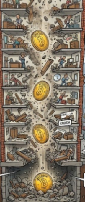 Vertical illustration depicting Bitcoin coins crashing down through the floors of a building, causing destruction, with people fleeing in panic and debris flying everywhere.