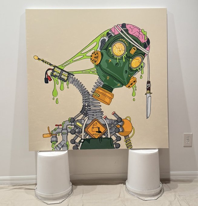A painting displayed on two white buckets depicts a cyborg or robot with an exposed pink brain, wearing a green gas mask with a visible slice dripping from it, green slime oozing from its mechanical neck, and a yellow biohazard warning sign on its chest.