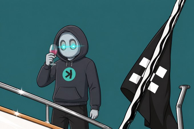 A hooded figure with glowing blue eyes sips red wine on a yacht, wearing a hoodie featuring the OKX logo beside a black flag, visually promoting the OKX platform referenced in the bullish testimonial.