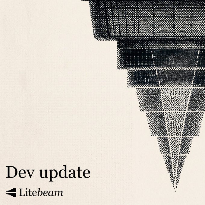 Dev update graphic for Litebeam featuring a black and white architectural image of a pointed structure with the Litebeam logo.