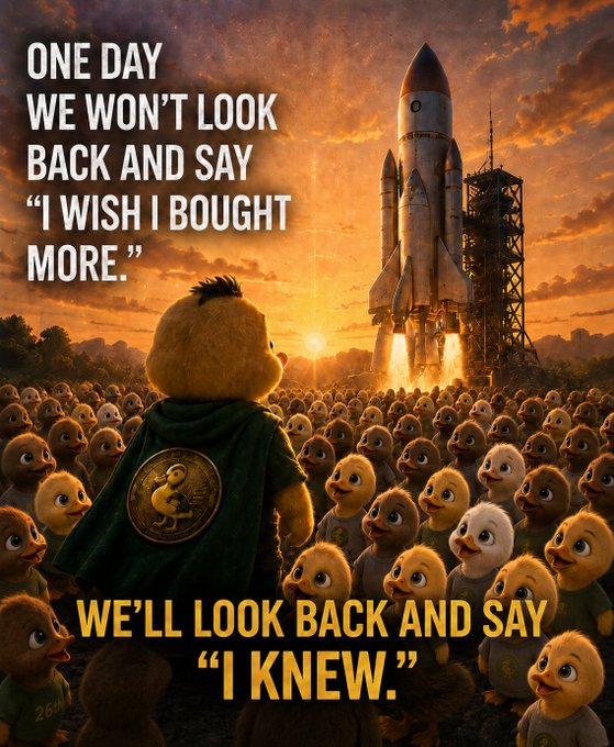 A meme featuring a duck character with a golden Bitcoin emblem watching a rocket launch amid a crowd of duck faces, with text: 'ONE DAY WE WON'T LOOK BACK AND SAY "I WISH I BOUGHT MORE." WE'LL LOOK BACK AND SAY "I KNEW."'