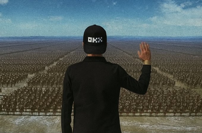 A man wearing a black cap with "OKX" (a cryptocurrency exchange) written on it stands with his back to the camera, waving toward a vast vineyard. The image, paired with "GM，周一早" (Good Morning, Monday Morning), conveys a relaxed, optimistic Monday greeting within the crypto/Web3 community, with the OKX branding tying it to the cryptocurrency space.
