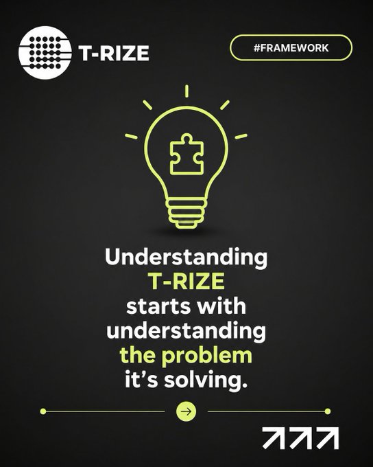 A promotional graphic for 'T-RIZE' featuring a yellow lightbulb icon made of puzzle pieces, with text stating 'Understanding T-RIZE starts with understanding the problem it's solving' and a '#FRAMEWORK' label.
